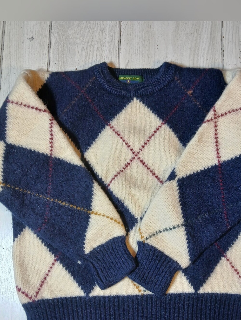 VTG Embassy Row 100% Wool Argyle Sweater Mens XL Navy Cream Grandpa Knit 90s Ivy